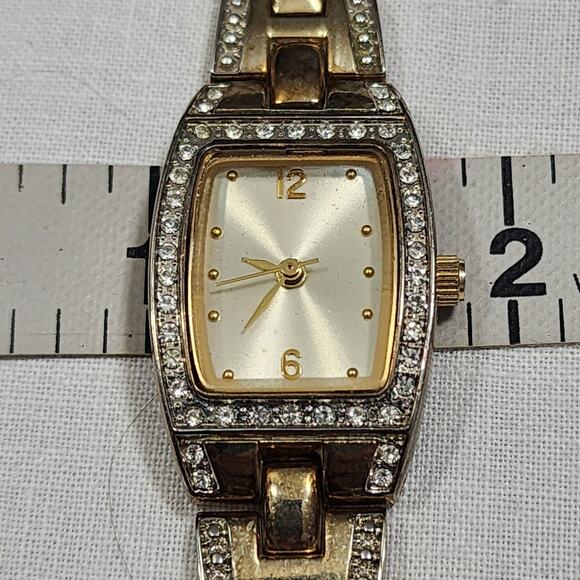 Vintage George Women's Rectangular Face Watch Silver Gold Tone Band Rhinestones - Picture 10 of 16